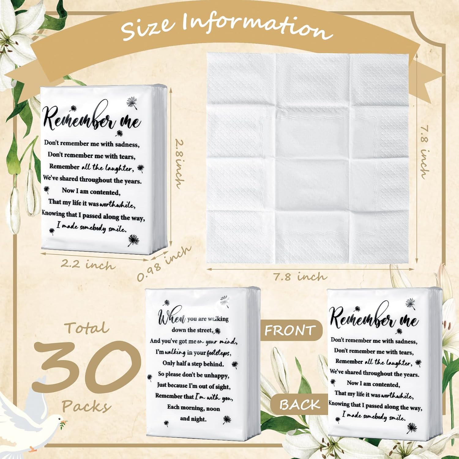 Sinmoe 30 Pack Funeral Tissues 3 Ply Pocket Travel Size Poem, Memorial image 2