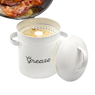 AuldHome Design Enamelware Grease Container w/ Strainer, Farmhouse Style Kitchen StorageTin, Labeled "Grease"
