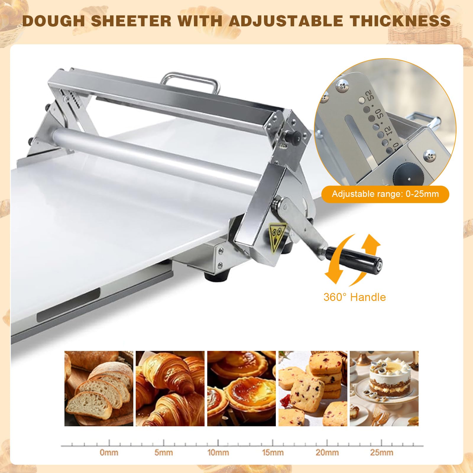 Macchina per sfogliare l'impasto, laminatrice manuale per croissant con spessore regolabile, rullo in acciaio inossidabile per cottura a casa o uso commerciale