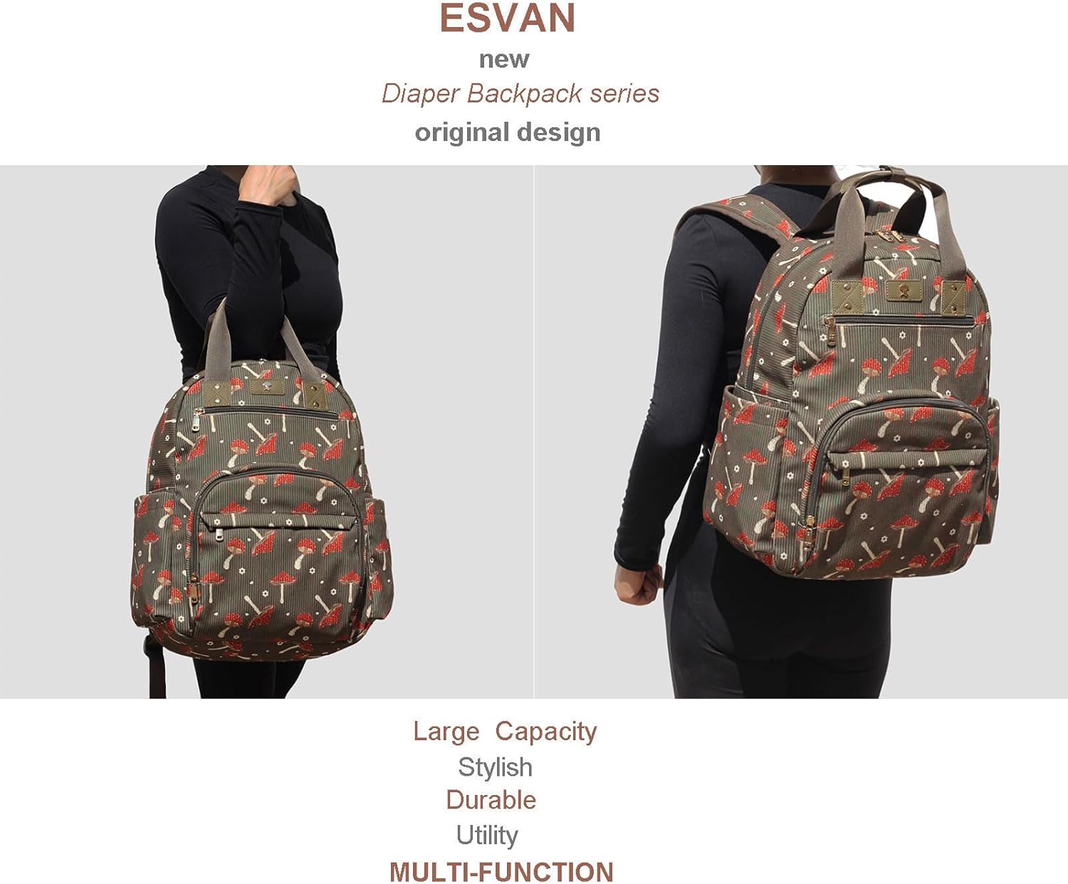 ESVAN Diaper Bag Backpack, Large Capacity Multifunction Baby Essentials Fashion Travel Pack Linen Canvas office Laptop Bag (Corduroy Mushroom)