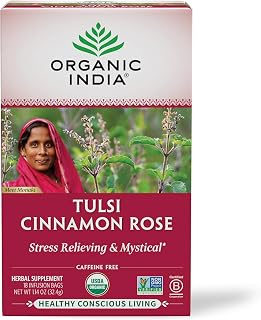 ORGANIC INDIA Tulsi Cinnamon Rose Tea Bags - Tulsi Rose, Cinnamon with Holy Basil, Chamomile, Stevia, USDA Certified Organic Caffeine Free Herbal Tea - 18 Infusion Bags, 1 Pack