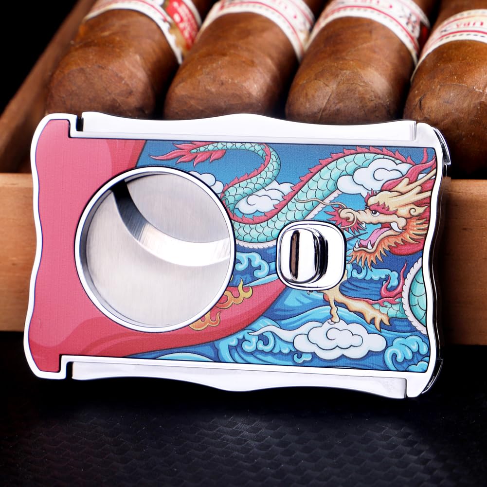 KEENSUN-Zinc Alloy Guillotine Stainless Steel Double Blade Dragon-Patterned Cigar Cutter with One Push Lock System,60 Ring Gauge,420J2 Stainless Steel Scalloped Cutting Blade with Gift Box - Image 2