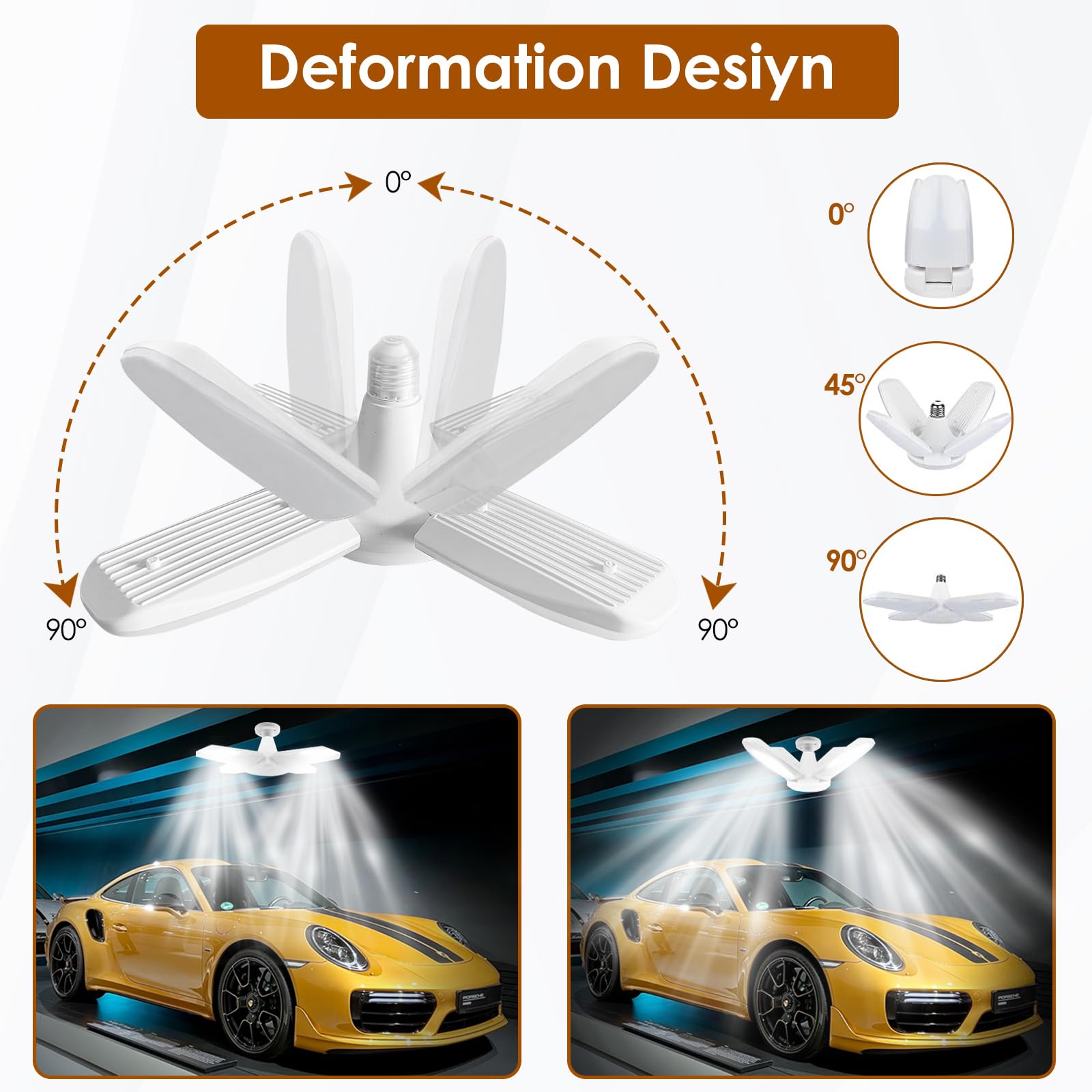 YWD LED Garage Lights 2Pack 60W Deformable Led Ceiling Lighting 6000LM E26 E27 Daylight 6500K Super Bright Light — view 4