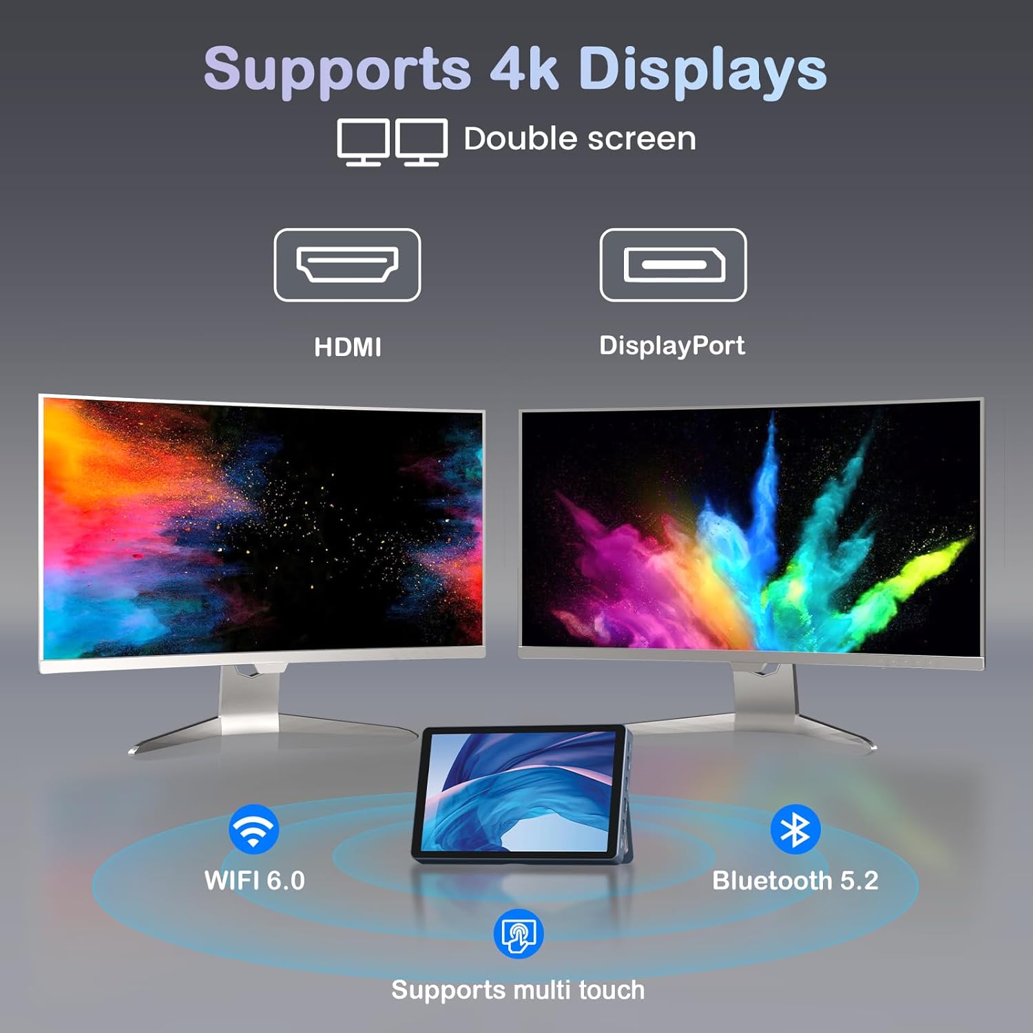 KOOSMILE Mini PC N150 connected to two external 4K monitors, demonstrating its dual display capability.