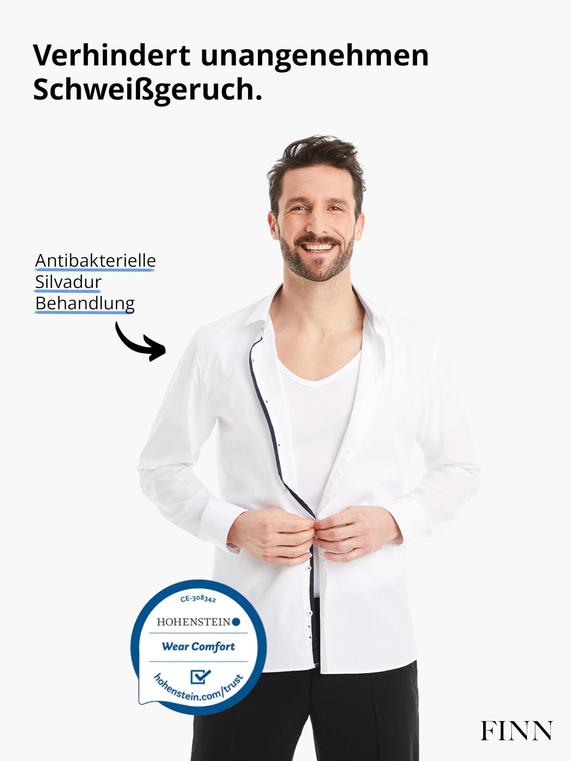 FINN Anti-Schweiß Shirt Herren V-Ausschnitt integrierte Achselpads gegen Starkes Schwitzen Unterhemd Schutz Schweißflecken Schweißgeruch