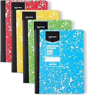 Amazon Basics Composition Notebook, Wide Ruled, 100 Sheets, 4 pack, Assorted Marble Colors