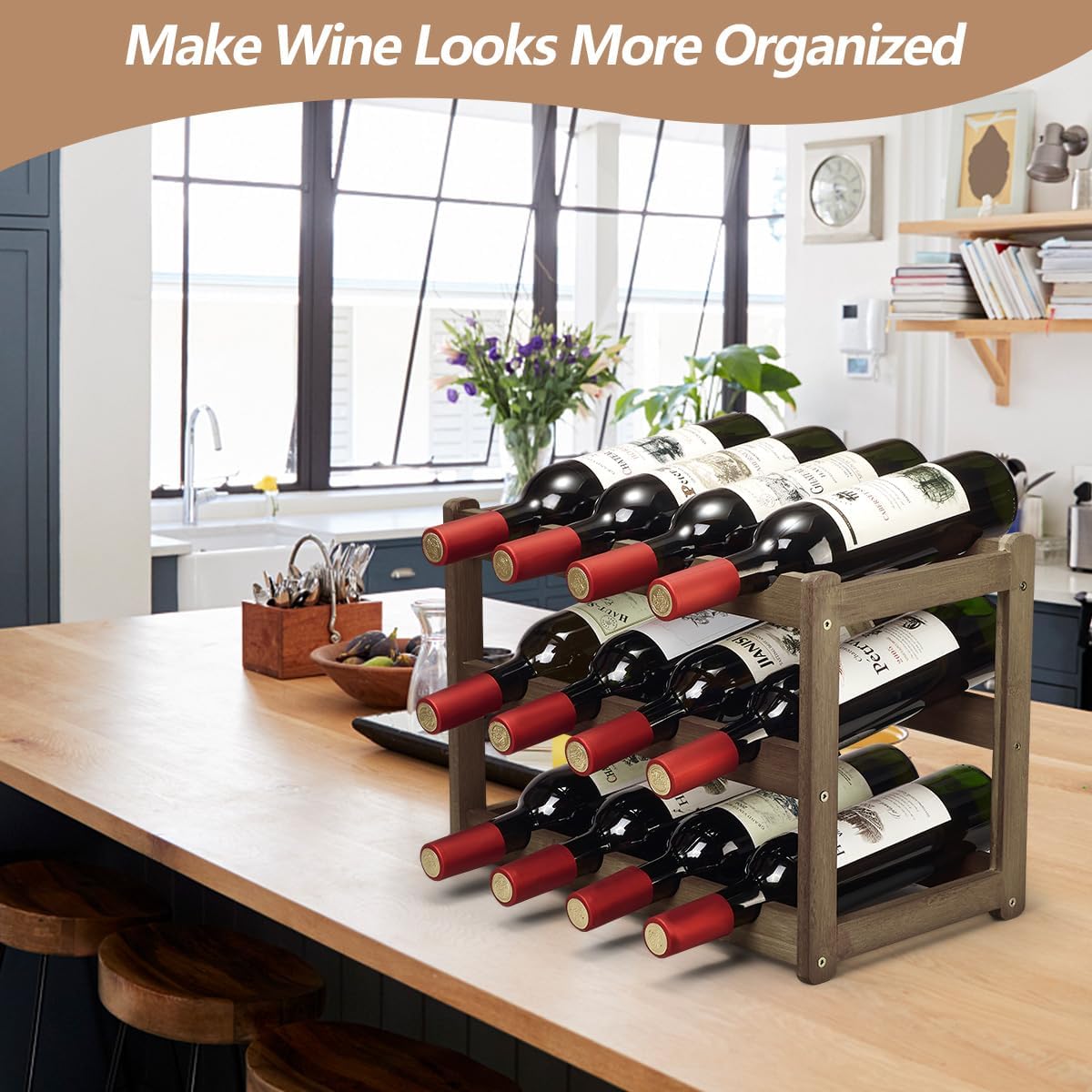 Bamboo Wine Rack, Sturdy and Durable Wine Storage Cabinet Shelf, Wine Racks Countertop for Pantry - 3 Tiers 12 Bottle Wine Rack, Moca - Image 5