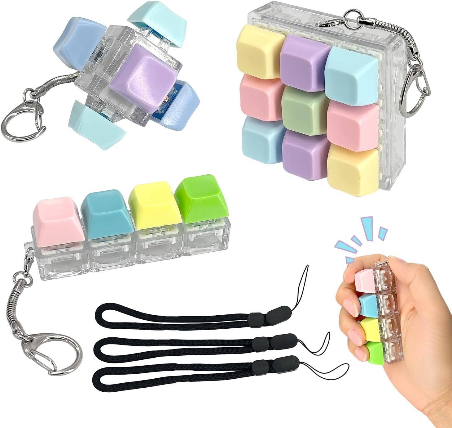 Keyboard Fidget, 3 Pack Macaron Color Clicker Keychain - Clicky Switch Sensory Keyboard for Anxiety Stress Relief, Portable Fidget Clicker for Adults