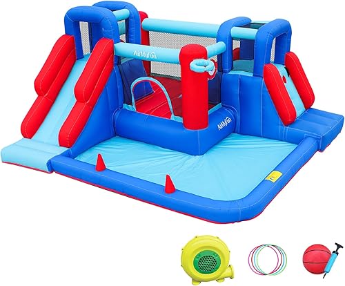 AirMyFun - Castillo inflable con tobogán doble, castillo hinchable con foso de bolas, castillo inflable para niños con soplador de aire, castillo