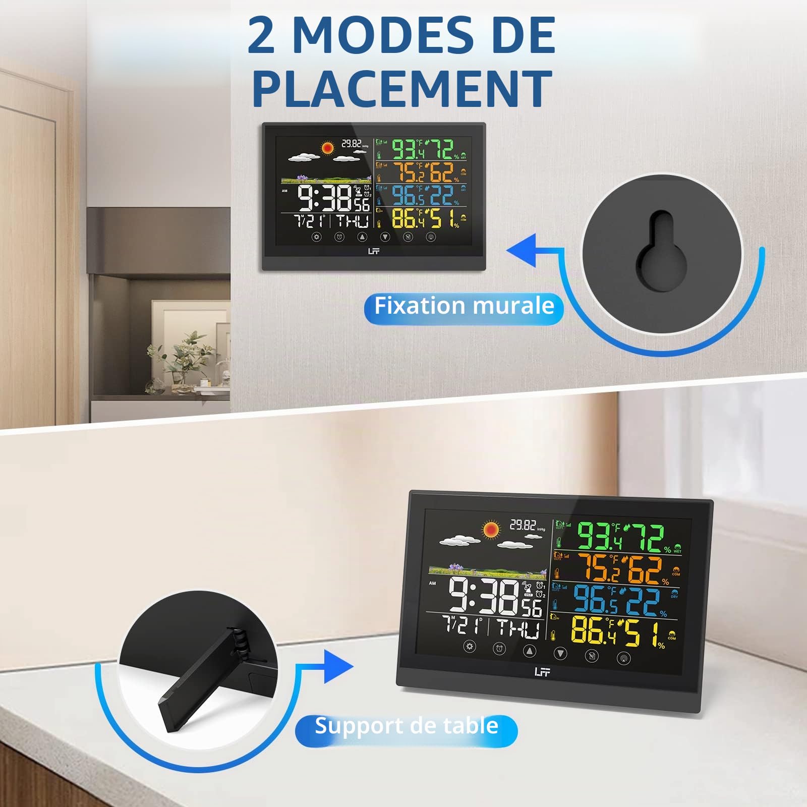 LFF Station météo sans fil, station météo radio intérieure et extérieure avec capteurs, affichage couleur, horloge atomique numérique, thermomètre sans fil, station de prévision avec rétroéclairage