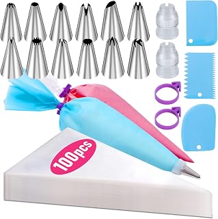 Wddeevoi Piping Bags and Tips Set: 100 Disposable 12" Bags, 12 Stainless Tips, Reusable Bag, Couplers & Scrapers for Cake Decorating