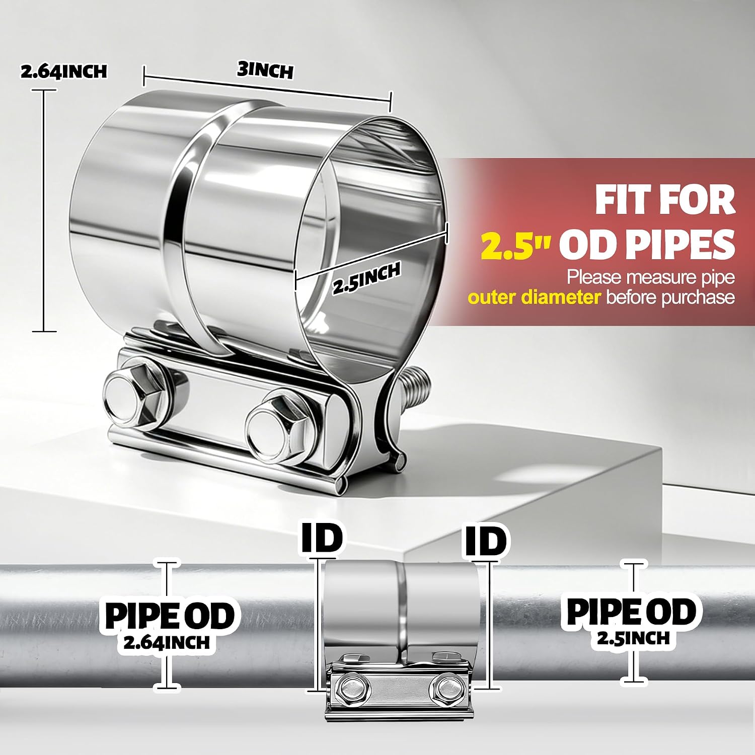 2.5" Exhaust Clamp, 2 1/2 Lap Joint Clamp 304 Stainless Steel For 2.5" Od To 2.64" Od Exhaust Pipe, Muffler, Elbow, Exhaust Tubing Connection(2 Packs)