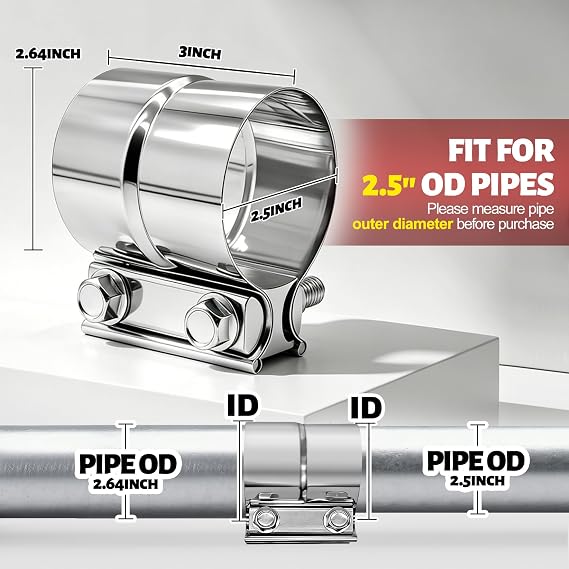 2.5 Exhaust Clamp, 2 1/2 Lap Joint Clamp 304 Stainless Steel For 2.5 Od To 2.64 Od Exhaust Pipe, Muffler, Elbow, Exhaust Tubing Connection(2 Packs)