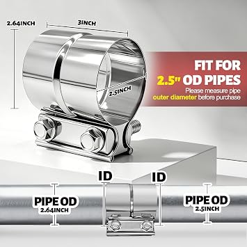 2.5 Exhaust Clamp, 2 1/2 Lap Joint Clamp 304 Stainless Steel For 2.5 Od To 2.64 Od Exhaust Pipe, Muffler, Elbow, Exhaust Tubing Connection(2 Packs)