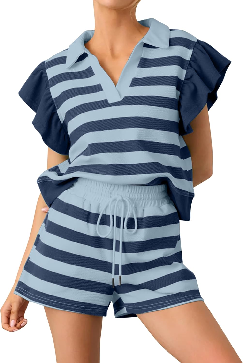 Women Two Piece Striped Short Sets Loose V Neck Flutter Short Sleeve Tops and High Waisted Shorts with Pockets