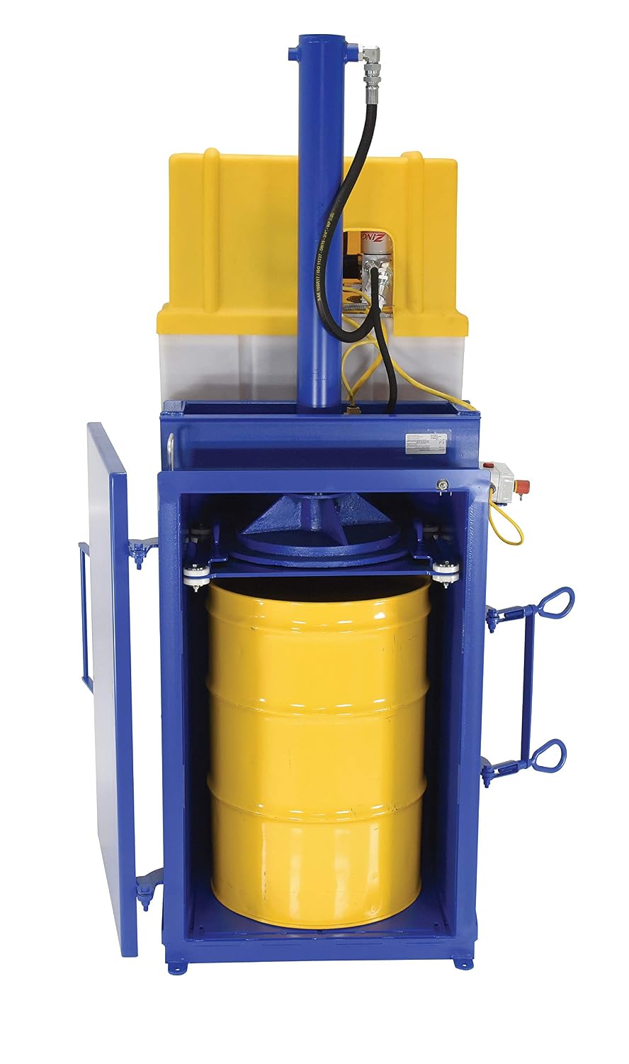Vestil HDC-905-IDC/208V Hydraulic Drum Crusher with a yellow drum inside the chamber