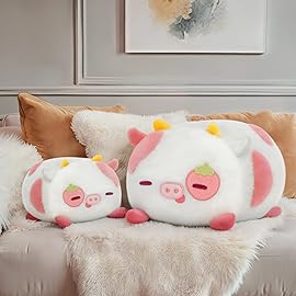 Mewaii Strawberry Cow Plush Pillow, Kawaii Cow Stuffed Animals, Cute Plushies for Girls, Soft Pink Cow Plush, Birthday Gifts for Kids Adults Teens (16 Inch)