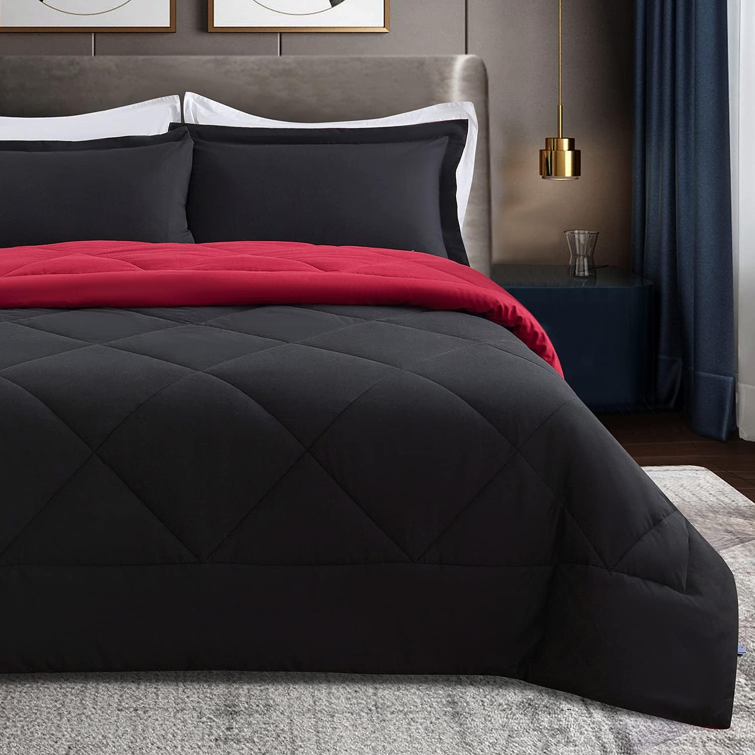 HOdo Twin/Twin XL Comforter Set Black/Burgundy - for Girls and Boys Lightweight Down Alternative Duvet Insert - 2 Pieces - 1 Comforter (68x88 Inches), 1 Pillow Sham(20x26 Inches)
