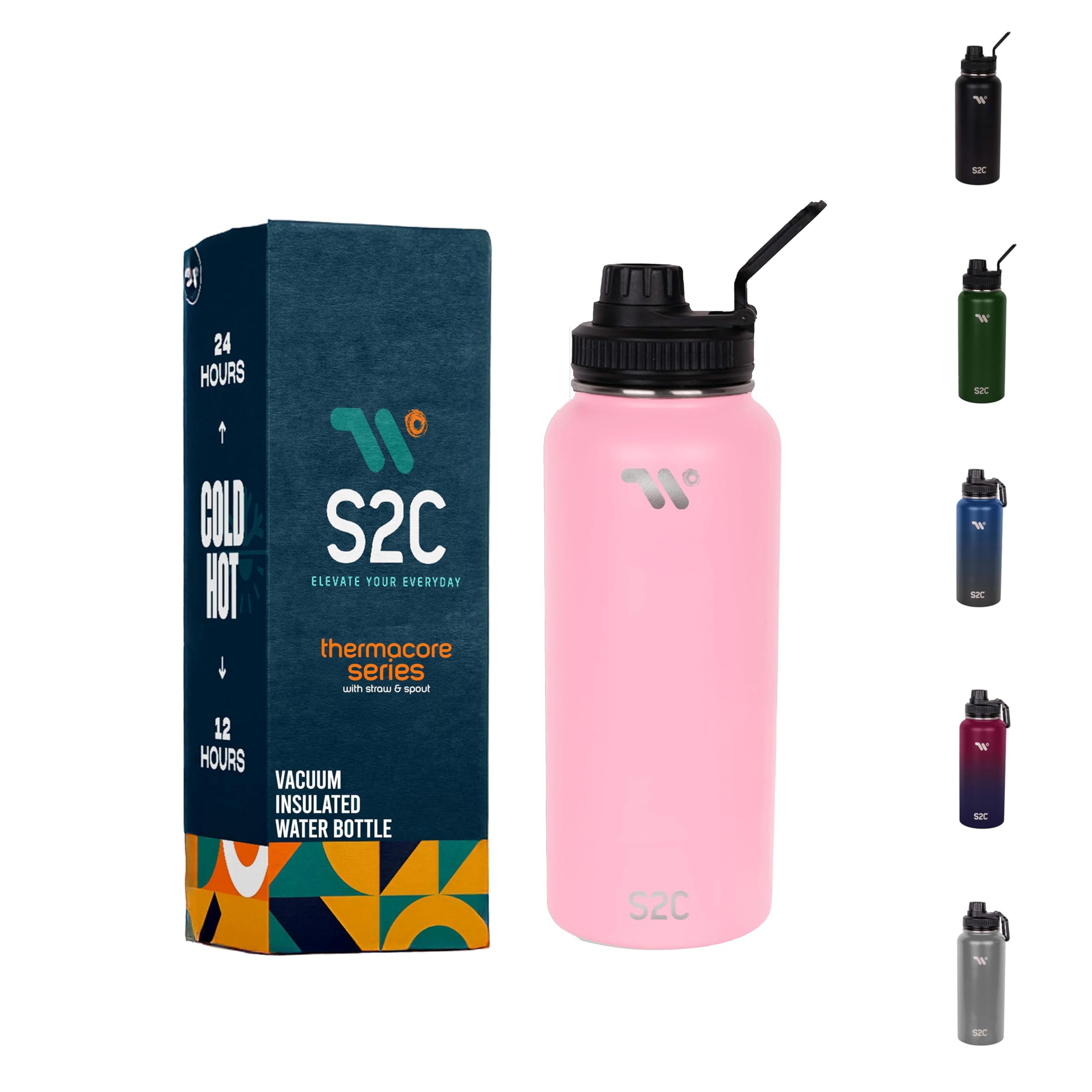 S2C Stainless Steel Water Bottle 1L, 32oz Double Wall Vacuum Insulated Water Bottle, BPA Free with Spout Lid - Thermos Water Flask for Hot Water (ROSE PINK)