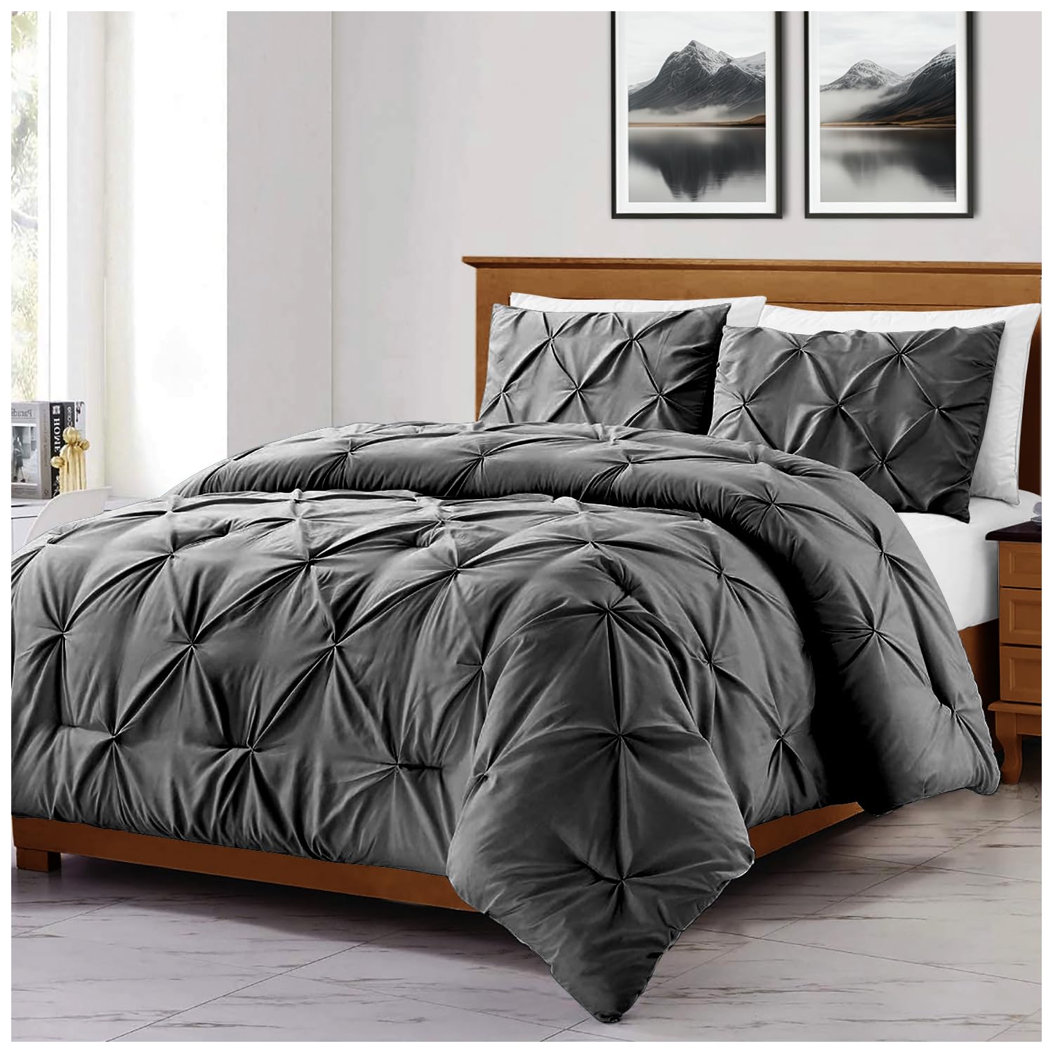 Gc Gaveno Cavailia Charcoal Diamond Superking Size Duvet Cover Sets | Pleated Quilt Covers Bedset With Matching Pillowcases | Polycotton Pintuck Bed Linen Set |