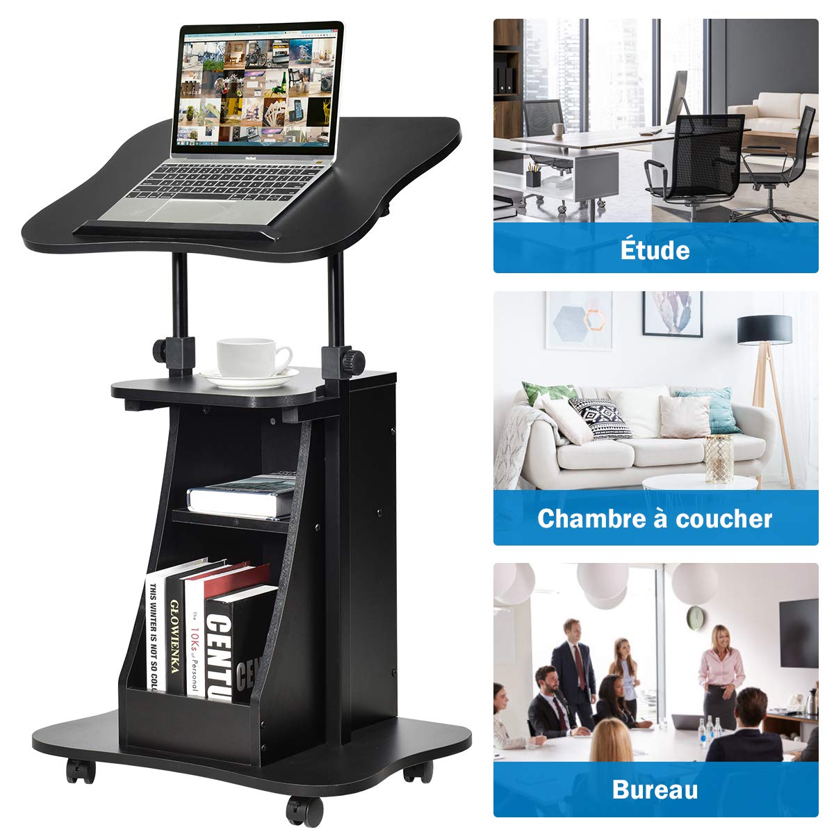GOPLUS Escritorio de pie Moderno para Ordenador de Altura y ángulo Ajustables, reclinable con Multicapa, Marco de Madera, Mesa con Ruedas, para Oficina y Familia, Negro