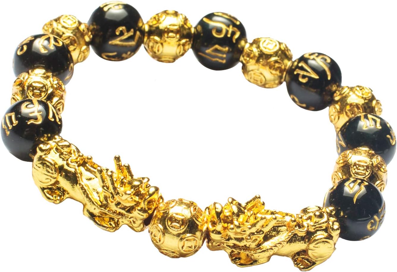 Feng Shui Mantra Bead Bracelet with Double Golden Pi Xiu and Copper Coins Beads