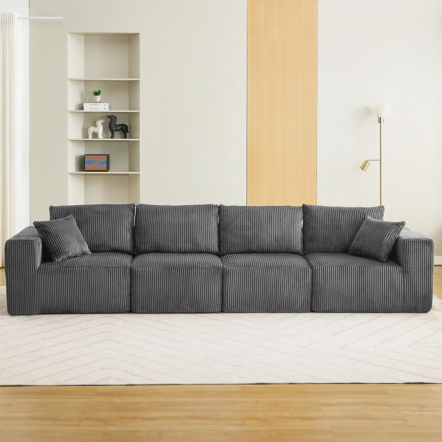 137” Modular Sectional Sofa, Linear Cloud Foam Sectional Couch with Throw Pillows/Plush Corduroy Fabric, No Assembly Required, Space-Saving, Boneless Compression Sleeper Sofa for Living Room(4 Seats