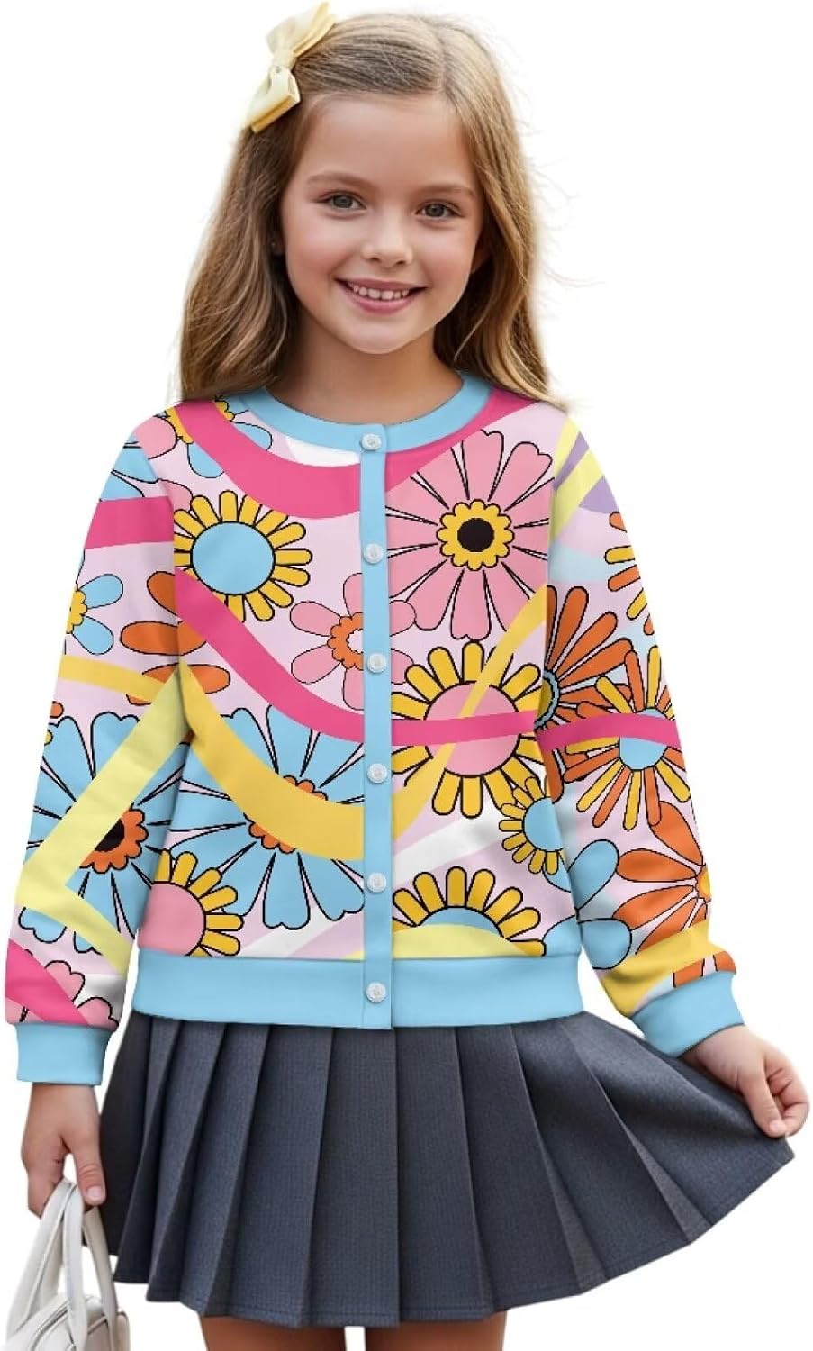 Wanyint Cute Girls Lightweight Cardigan, Printed Long Sleeve Polyester Top, Button Front Crewneck Cover Up, for 5-16 Years