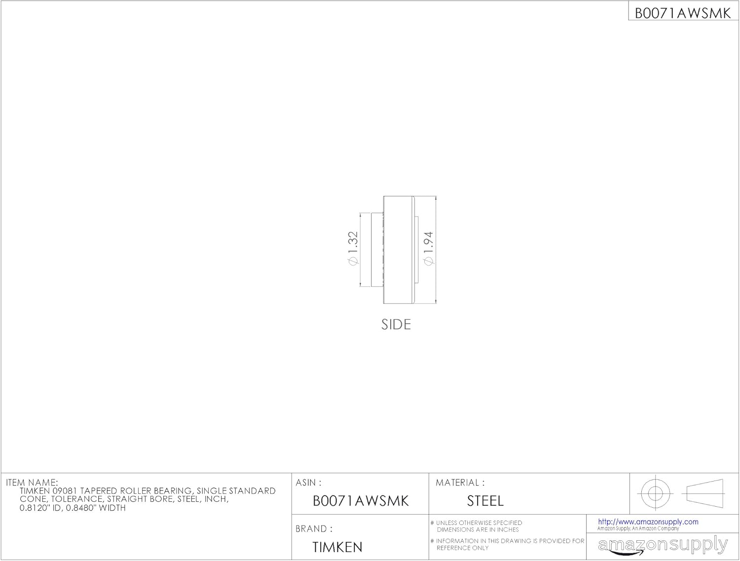 Timken 09081 Tapered Roller Bearing, Single Cone, Standard Tolerance, Straight Bore, Steel, Inch, 0.8120" ID, 0.8480" Width