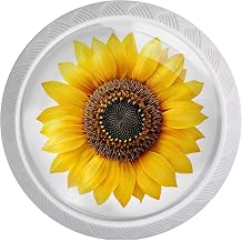 4 Pack Yellow Sunflower Cabinet Knobs for Kitchen Bathroom | Flower Round White Drawer Pulls Furniture Hardware for Dresser Cupboard Wardrobe Closet Vanity Decor