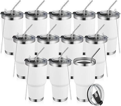 Miniatura 2 de Paquete de 12 vasos de acero inoxidable de doble pared con aislamiento al vacío de 30 onzas y 20 onzas con tapa, para bebidas frías y calientes,