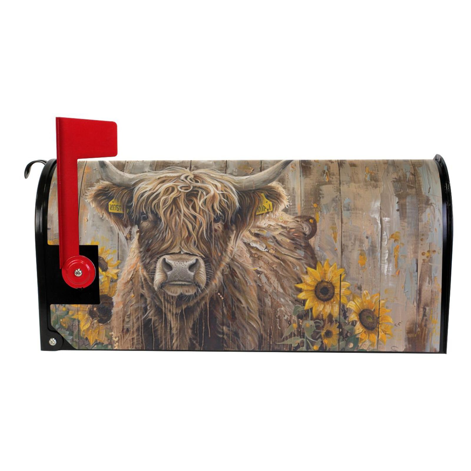 ALAZA Highland Cow and Sunflowers on Rustic Wooden Magnetic Mailbox Cover MailWraps Garden Yard Home Decor for Outside Standard Size-18
