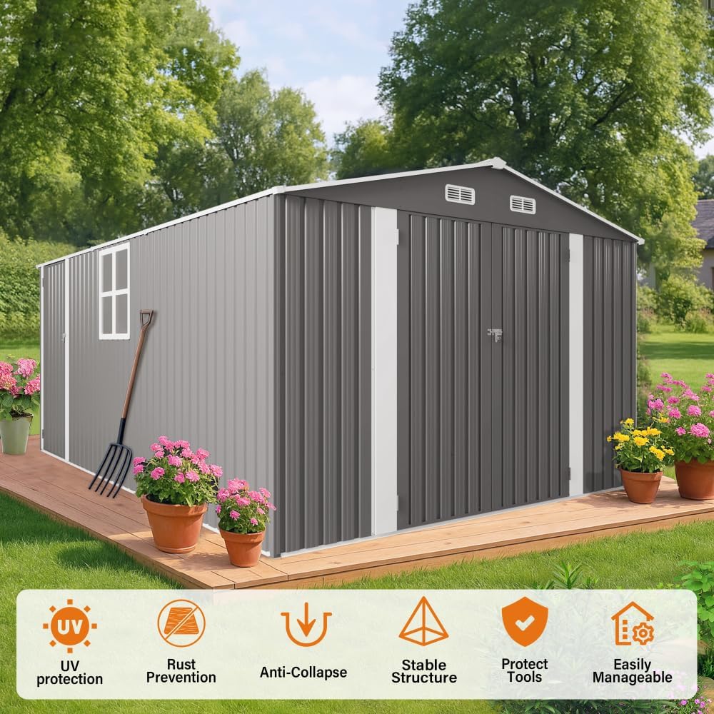 10x14 FT Outdoor Metal Storage Shed with 3 Lockable Doors & Window, Large Galvanized Steel Garden Shed for Backyard Patio, Waterproof Tool Storage for Lawn Mower, Bike, Grill, Grey