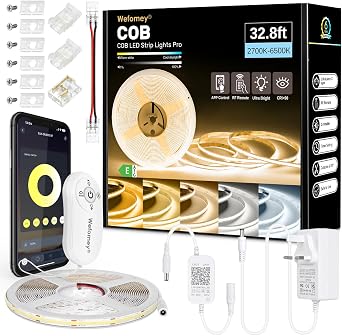 Wefomey COB LED Strip Light White, Dimmable 2700K-6500K High Density 6080LEDs 24V Flexible LED Tape Light with Remote and APP Control, for Under Cabinet Bedroom Kitchen DIY Lighting,1 Rolls of 10M [Energy Class E]