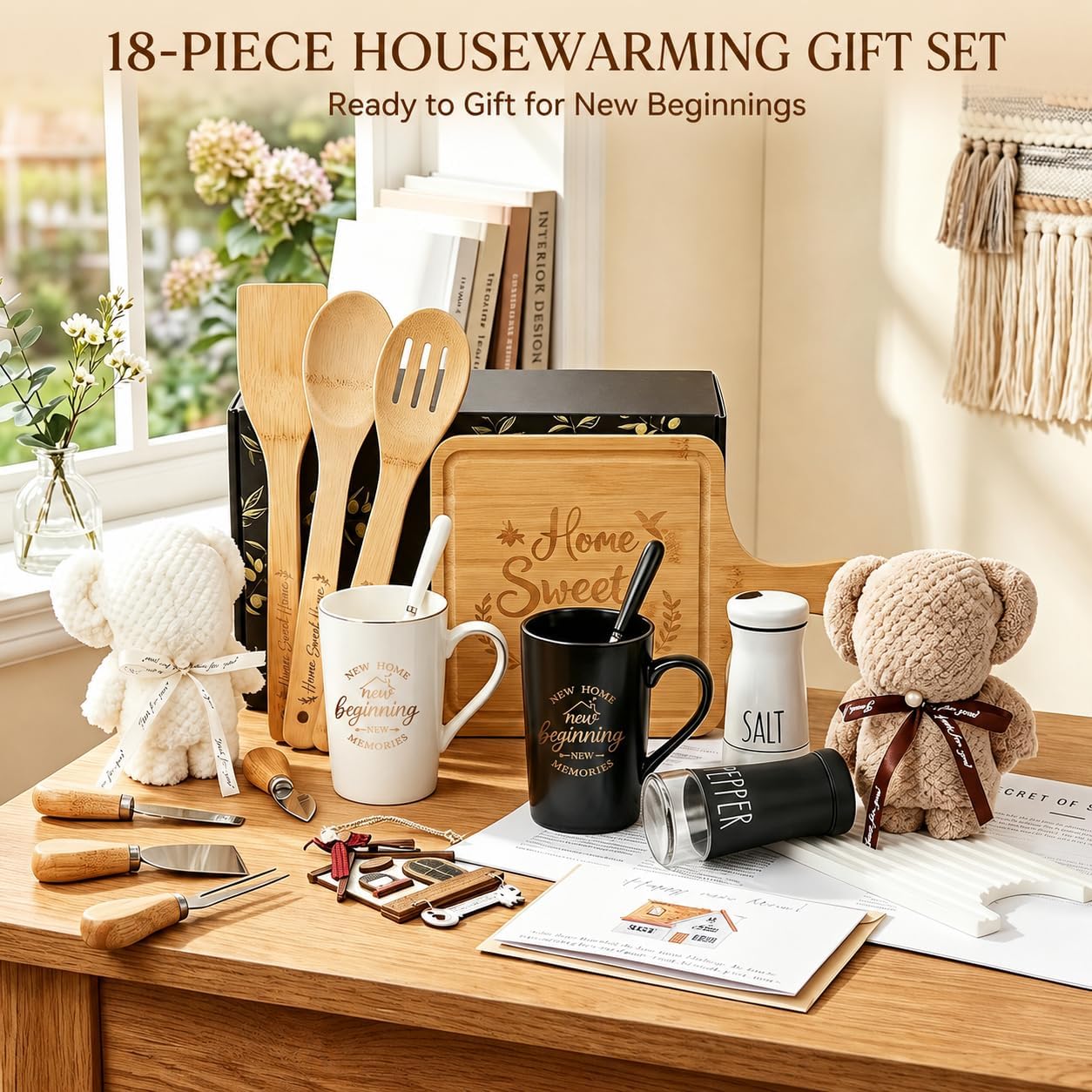 Housewarming Gifts for New Home, 18-Piece Gift Basket for Couples and Homeowners with Coffee Mugs, Bamboo Serving Board, Salt and Pepper Shakers, Towels, Utensils, Cheese Knives and Ornament
