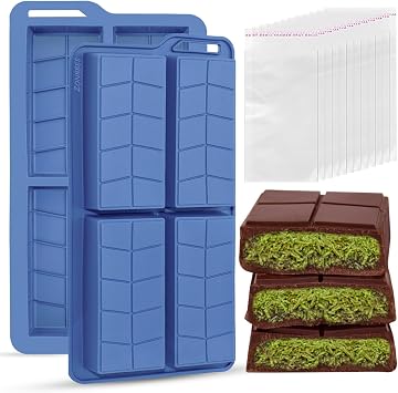 Chocolate Bar Molds Silicone Non Stick 0.82inch Deep,2 Pack Thick Dubai Shapes Candy Stuffed Bar Mold for Filling Chocolate Knafeh Pistachio Granola Bar Snacks with 100pcs Bags