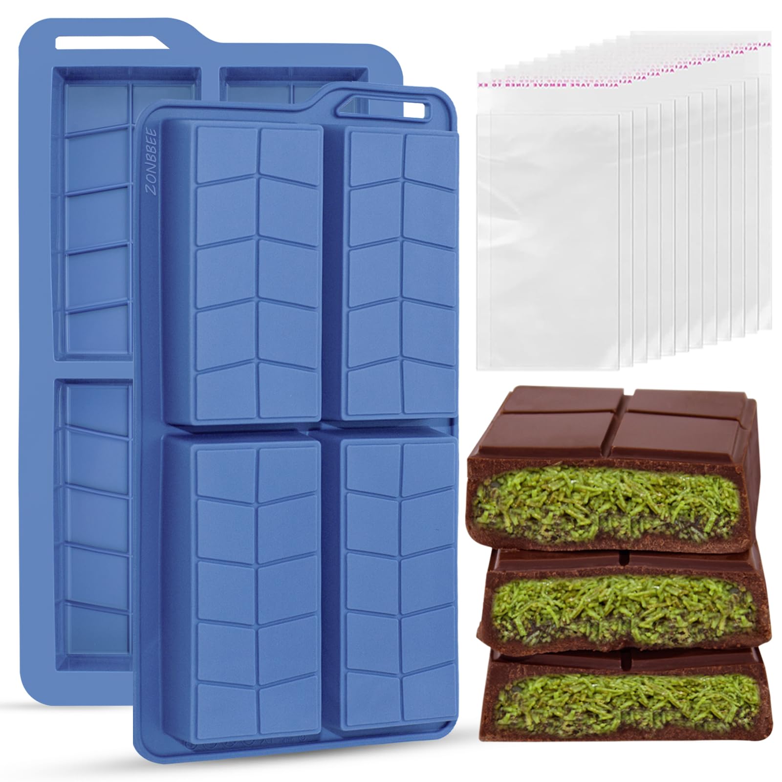 Chocolate Bar Molds Silicone Non Stick 0.82inch Deep,2 Pack Thick Dubai Shapes Candy Stuffed Bar Mold for Large Filling Knafeh Pistachio Granola Bar Snacks with 100pcs Bags