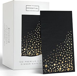The Essential Concierge Stylish Black Dinner Napkins, Disposable 7.5x4.25 Inch Black and Gold Dinner Napkins, 100 Count, Black and Gold Paper 3-Ply Napkins