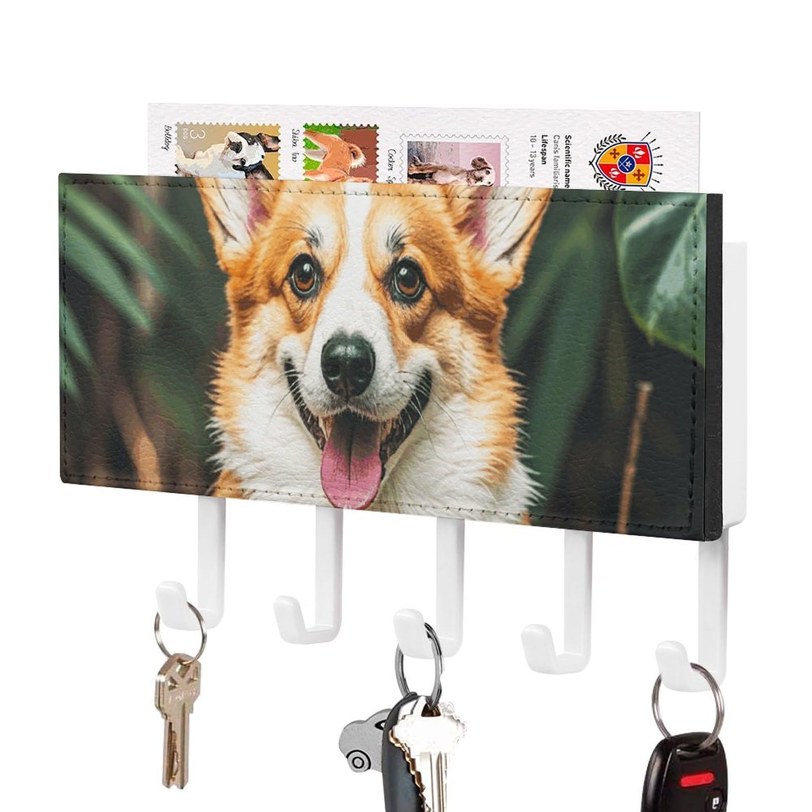 DWVTSLH Tropical Flower and Corgi Key Holder for Wall, Decorative Key Hooks with Mail Organizer & 5 Hooks, Self Adhesive Leather Key Hanger for Entryway, Wall Mounted Key Rack (7.1” X 4.3” X 0.9”)