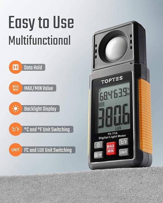 TopTes TS-710 Light Meter, Lux/Foot Candles Meter with 180o Rotating Sensor, 0.1~200,000 Lux Range, Large Backlit Display, Light Meter for Plants, Car Headlights, Home & Office LEDs (Includes Battery)