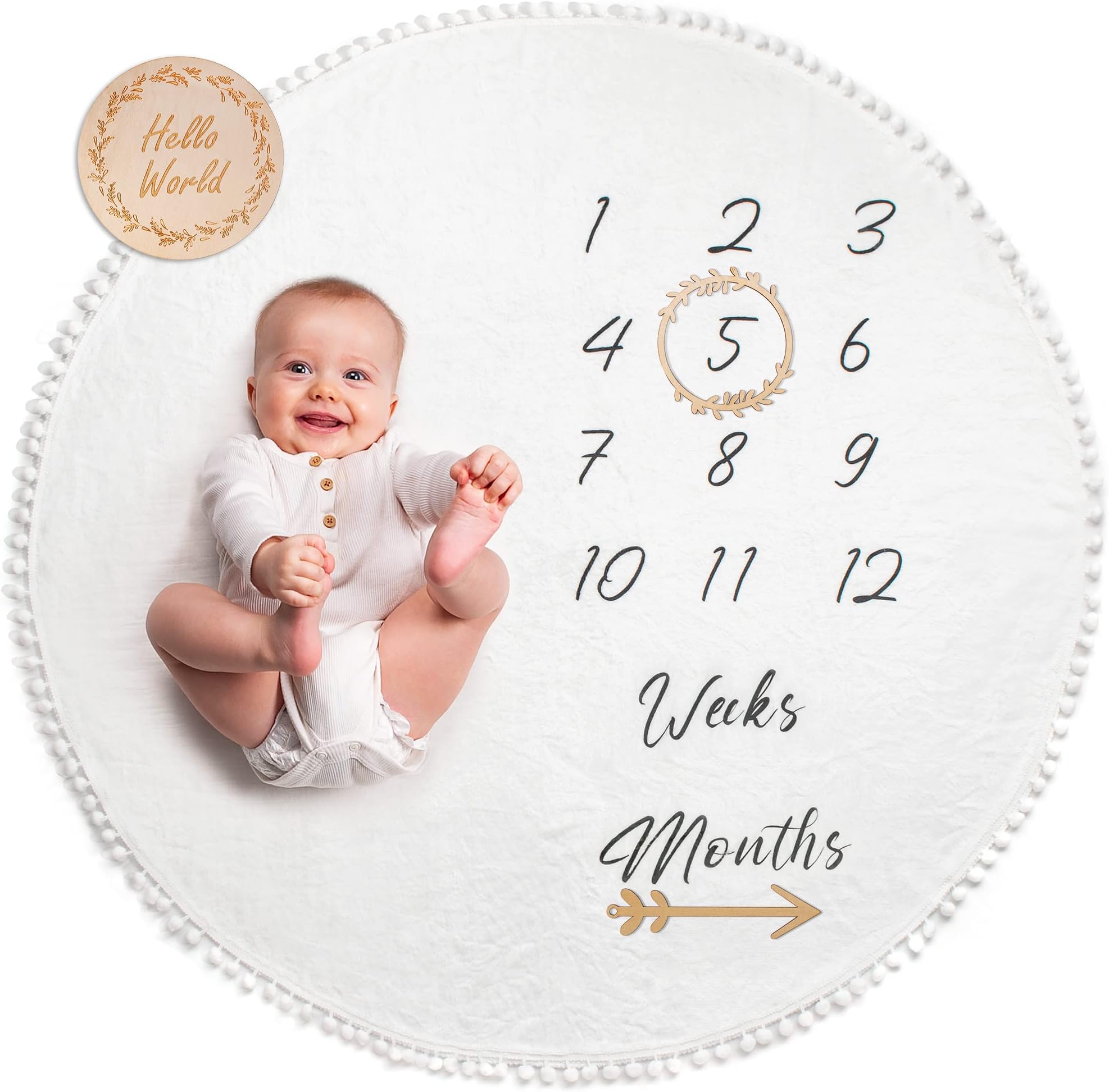 Baby Milestone Blanket | Round Monthly Photo Mat for Boy or Girl, Unisex | Gender Neutral | Personalised Baby Shower Present for New Mums | Age Mat | Newborn Milestone Blanket | Includes Wooden Frames