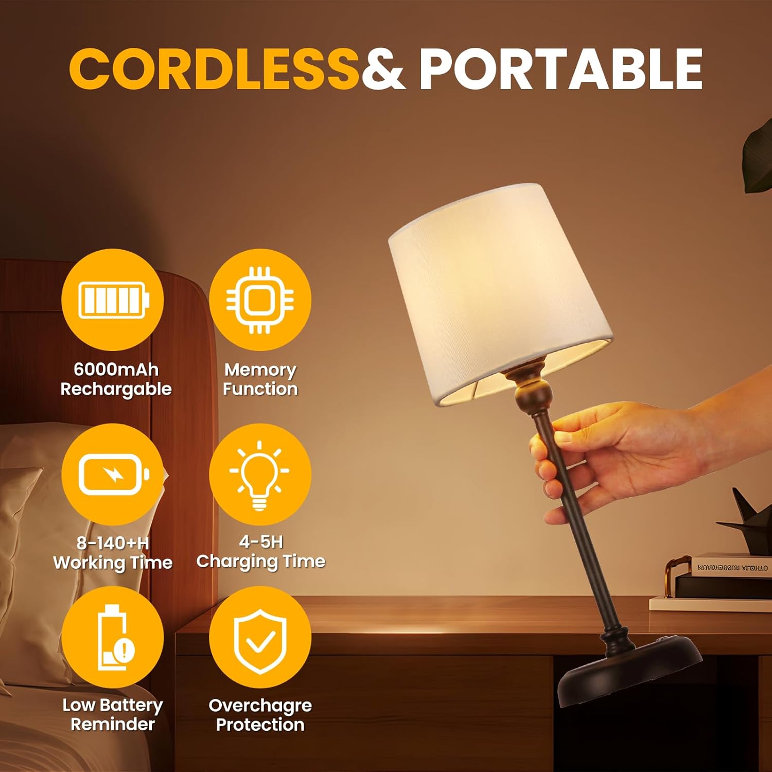 Small Cordless Table Lamp Touch Control, 6000mAh Battery Powered, Low Battery Reminder, Bedside Night Lamp can Stepless Dimming, Portable Table Lamp for Restaurant/Bedroom/Offices/Cafe (Black, High)