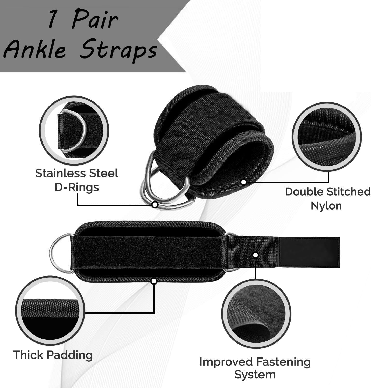 Fitcozi Ankle Straps Ankle Resistance Bands Adjustable Straps Padded Straps Adjustable Fitness Leg Kickback D-Ring for Cable Machine Gym Foot Leg Training Training Support 1 Pair gallery image