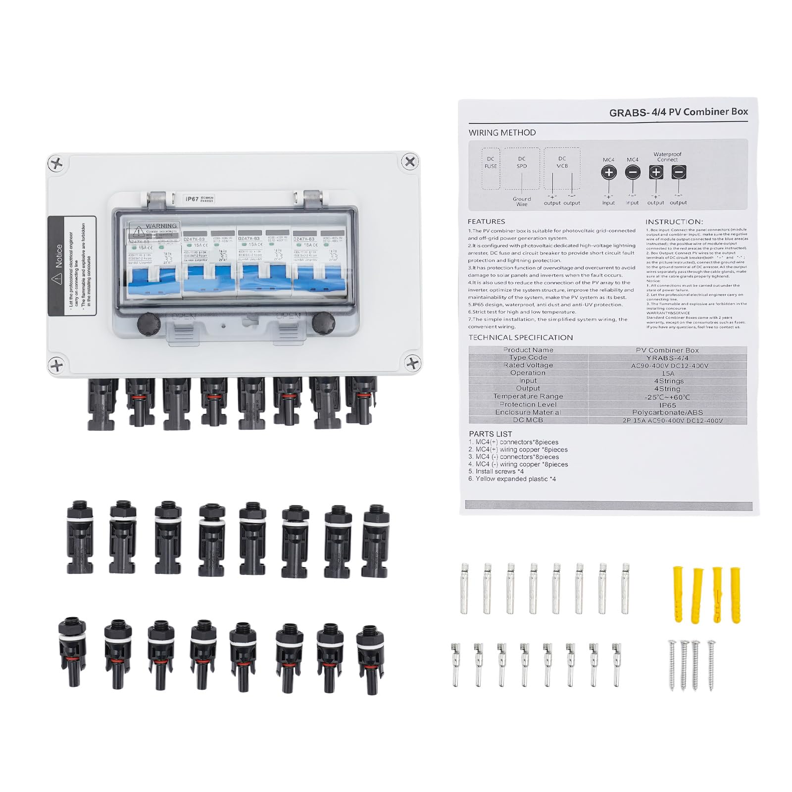 Solarna skrzynka przyłączeniowa DC 12-400 V, ochrona przed przepięciem, PV, montaż ścienny, 15 A, wyłącznik automatyczny, skrzynka kombi PV, 4 w 4, IP67, z okienkiem do solarnych kamperów