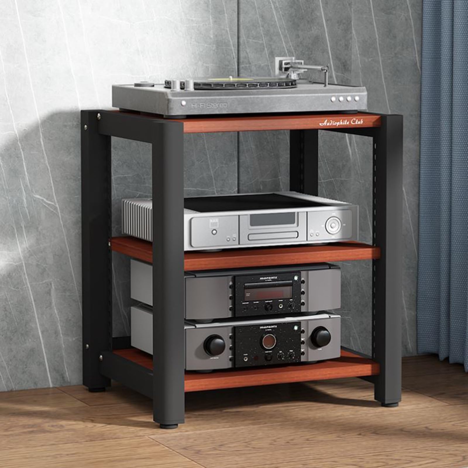 Supporto AV in legno di teak per dischi in vinile e giradischi, scaffale regolabile a 4 livelli, mobile angolare per accessori da gioco, 60 x 50 x 64 cm