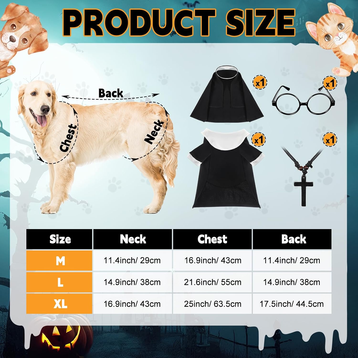 Huhumy 4 Pcs Nun Costume XL for Dogs Cats with Glasses Cross Necklace | Pet Halloween Party Outfit, Funny Cosplay Clothes for Small Puppy, Black Cape with White Collar Habit, Lightweight Fabric