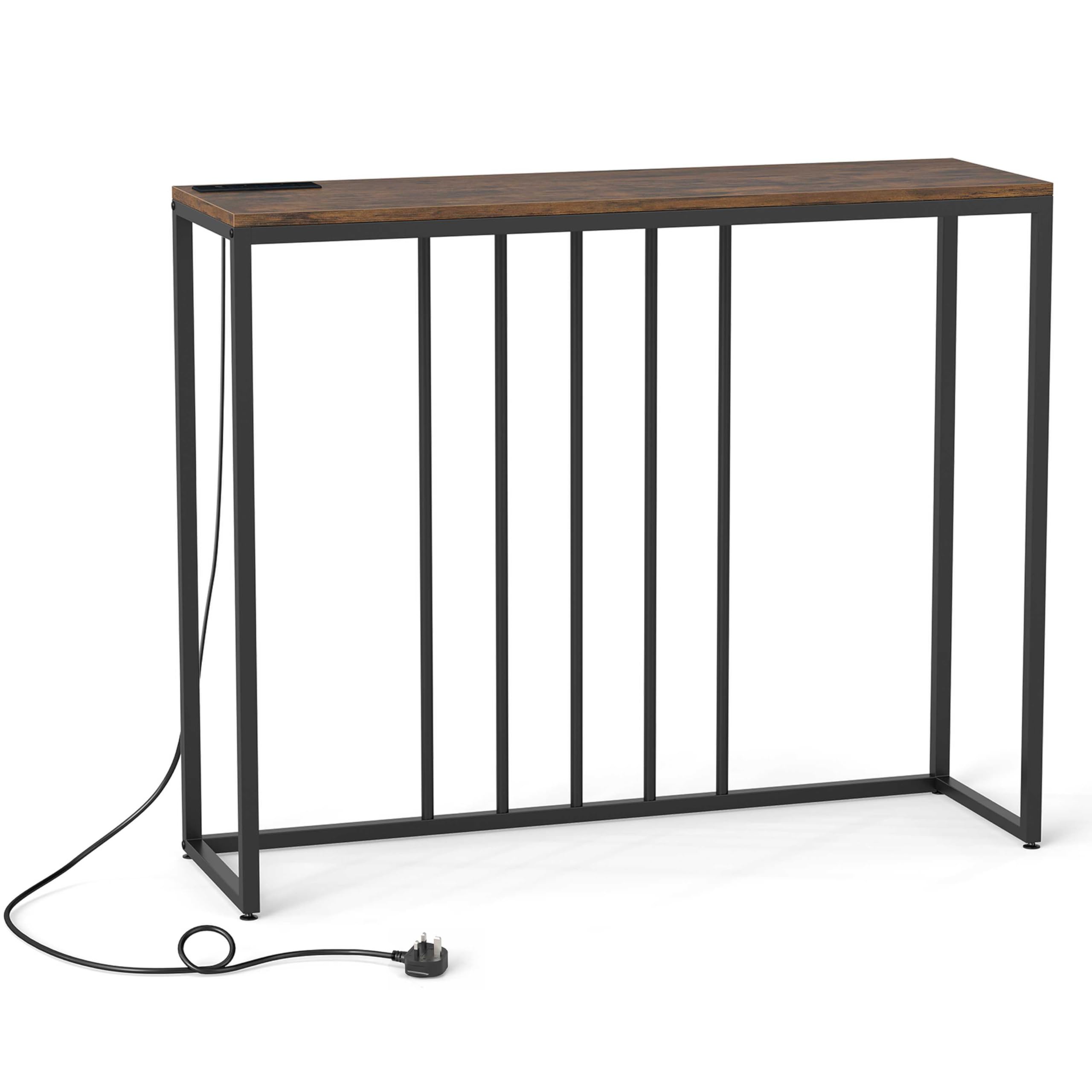 CASART Console Table with Charging Station, 100cm Slim Behind Couch Sofa Table with Metal Frame, Narrow Entryway Tables Hall Desk for Living Room Hallway Small Spaces (Rustic Brown + Black)