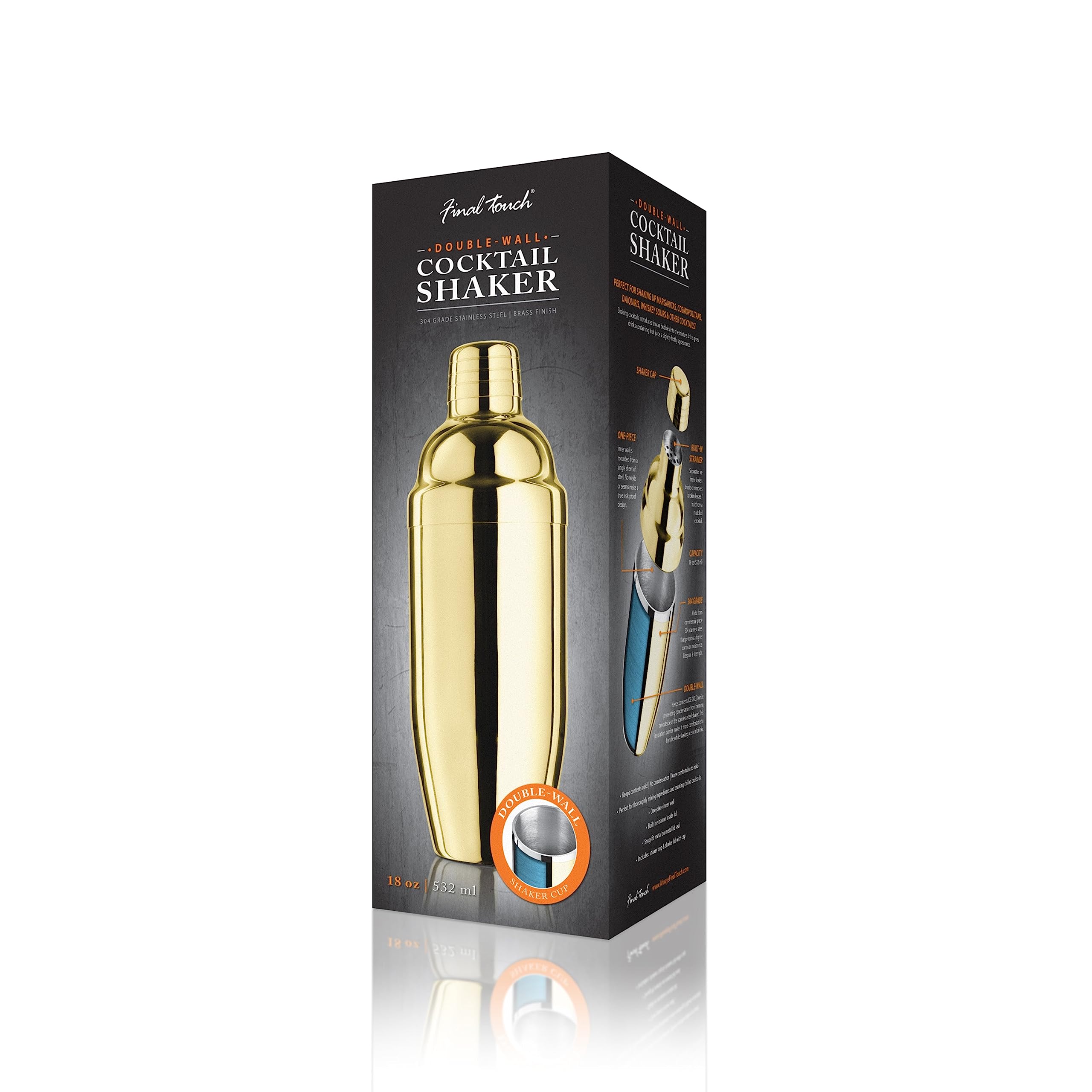 Final Touch Double Wall Brass Plated Stainless Steel Cocktail Shaker (FTA1850-18), 14oz (414ml) - Image 4