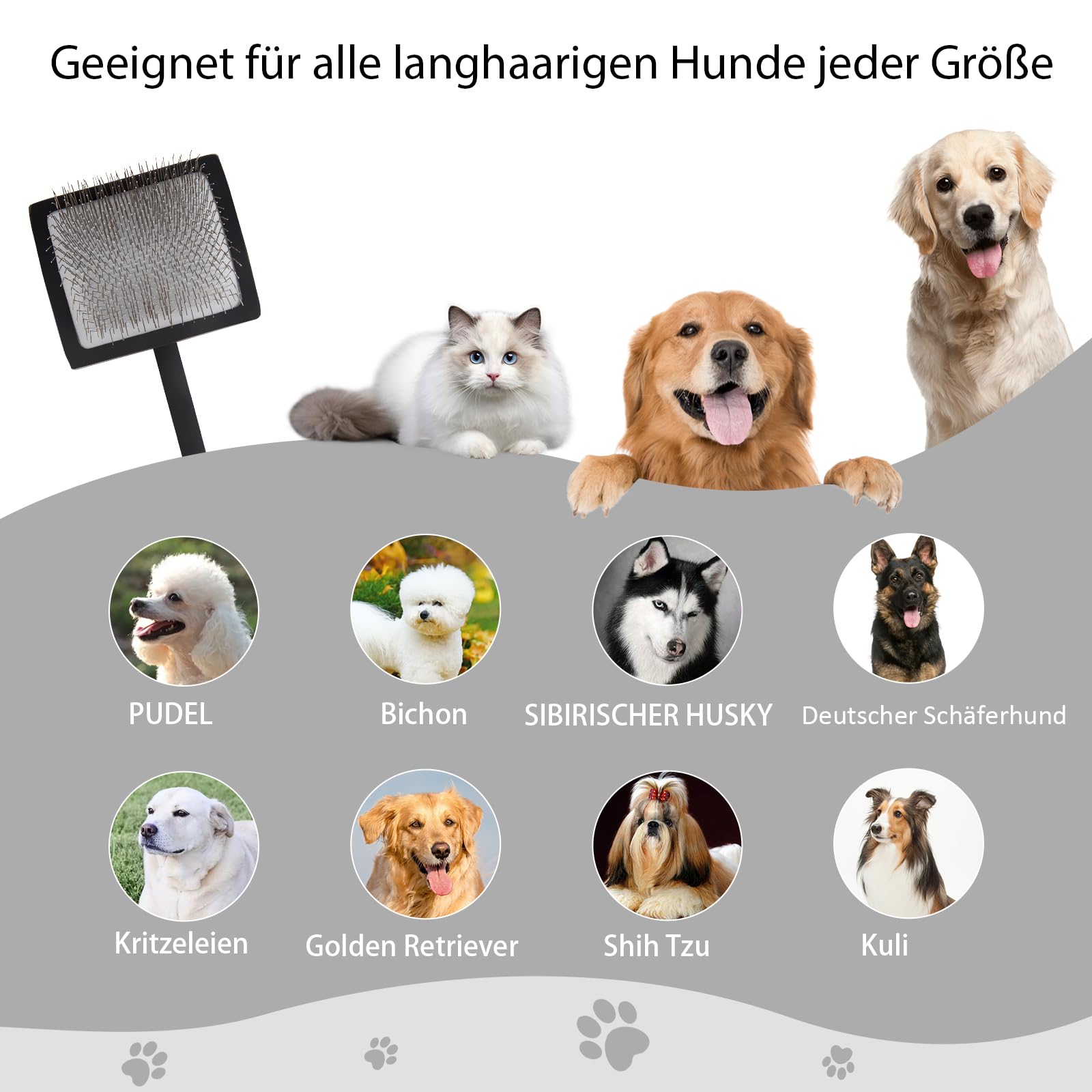 Profi Zupfbürste & Hundebürste Langhaar (25mm Borsten) – Slicker Brush Set mit Kamm – Sanftes Entfilzen von Fell & dicker Unterwolle bei Golden Retriever, Pudel, Doodle & Katzen – Schwarz