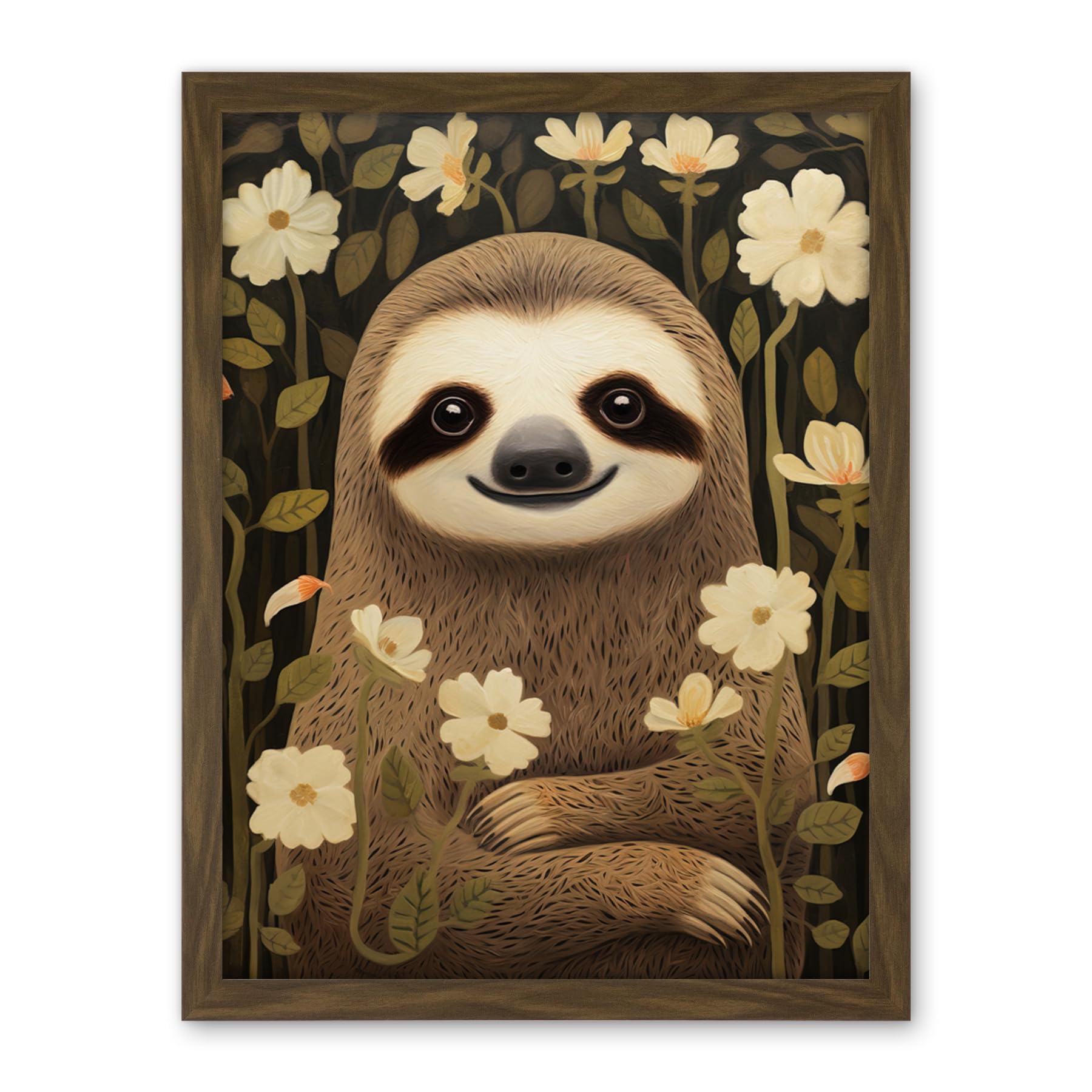 Artery8 Sloth with Jasmine and Anemone Flowers Elegant Artwork Framed Wall Art Print 18X24 Inch